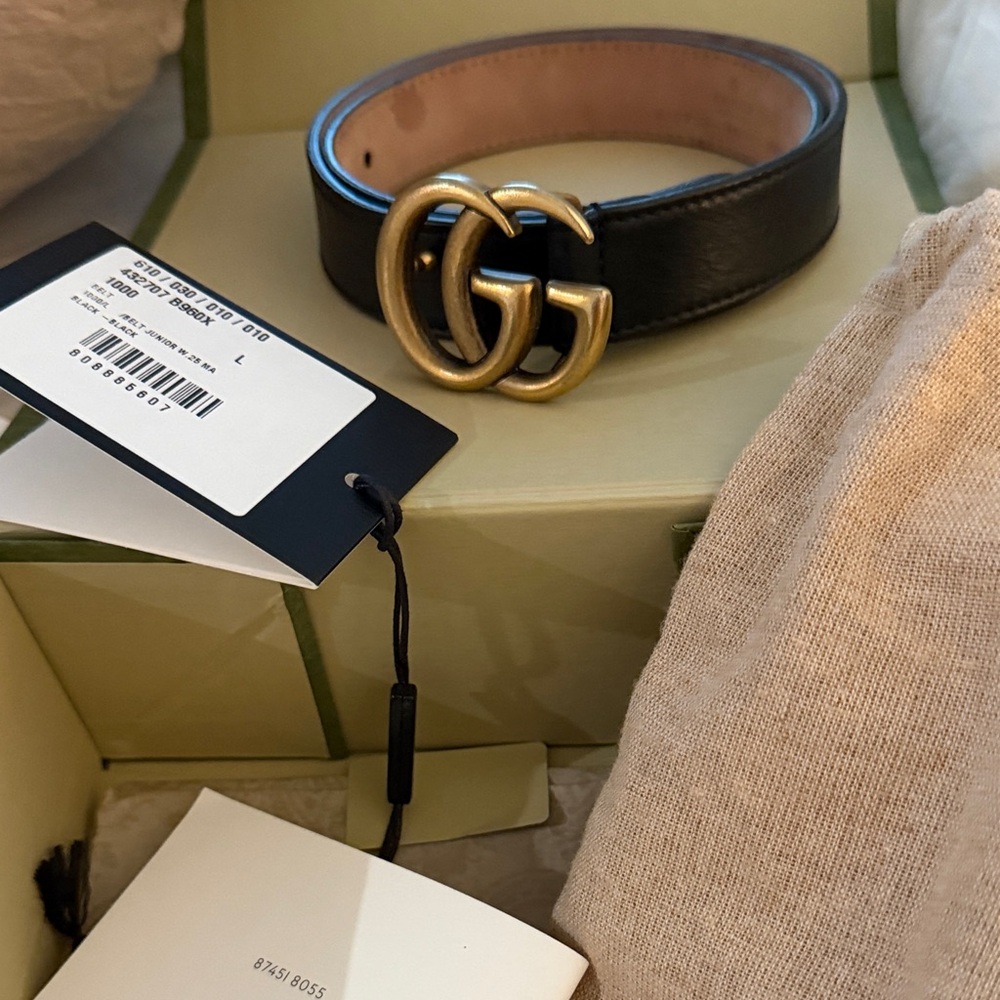 KIDS Gucci Black Leather Belt with Gold Double G Buckle
